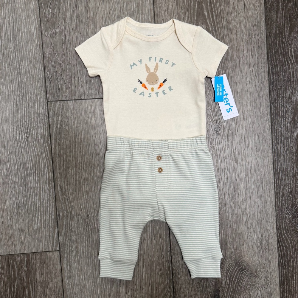 CARTERS 2PC EASTER SHORT SLEEVE BODYSUIT AND PANTS OUTFIT BUNNY NEUTRAL 3MO NWT